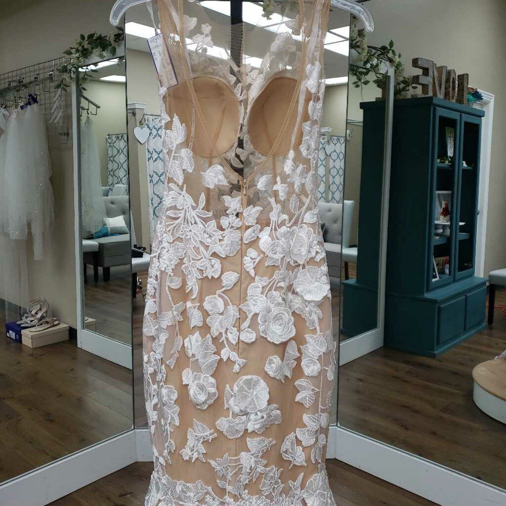 Sheer Nude champagne lace trumpet with white floral