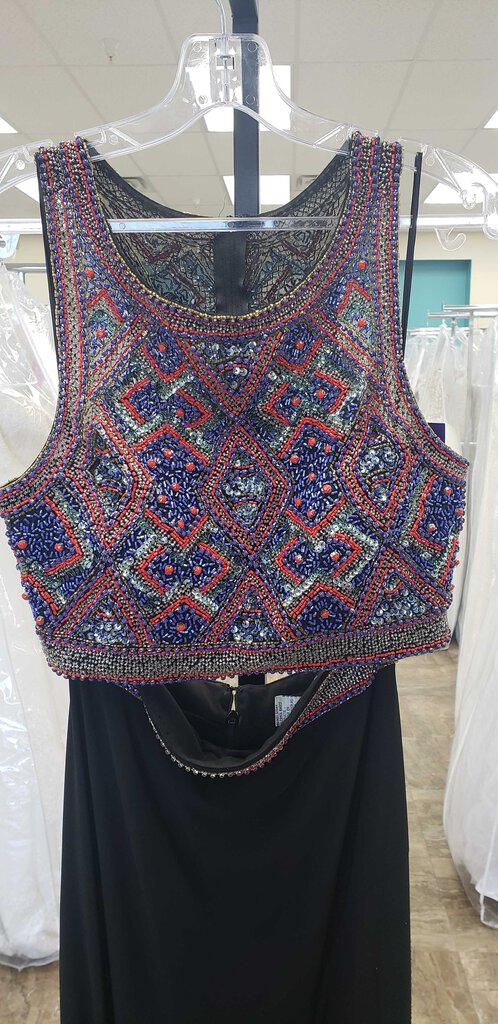 2 piece blue and orange beaded top with long black skirt